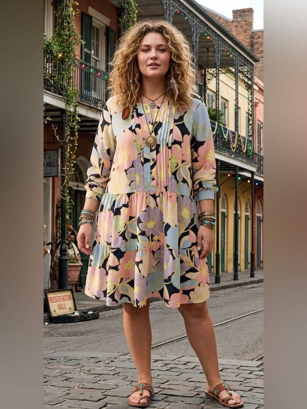 Who What Wear XXL Floral Tiered Mini Dress Pastel Pink Blue Long Sleeve Pockets